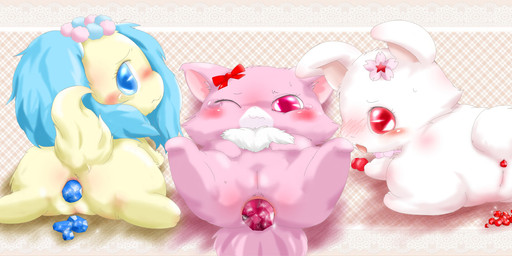 accessory anal anal_storage anus blush bodily_fluids bow_(feature) bow_accessory bow_ribbon butt cavity_storage feet female floppy_ears flower genitals group hair_accessory hair_bow hair_ribbon hindpaw improvised_sex_toy lop_ears object_in_ass paws plant ribbons semi-anthro spread_legs spreading tail tears vulva young suvaru jewelpet sanrio sega sega_fave garnet_(jewelpet) ruby_(jewelpet) sapphie_(jewelpet) bird_dog canid canine canis cavalier_king_charles_spaniel domestic_cat domestic_dog felid feline felis hare hunting_dog japanese_hare lagomorph leporid mammal persian_cat spaniel toy_dog