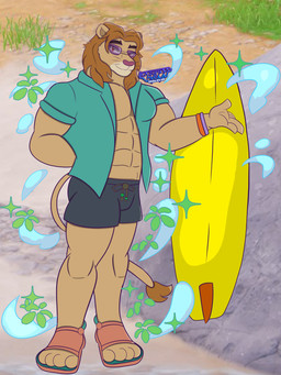 abs anthro barazoku brown_hair clothed clothing eyewear footwear hair male muscular muscular_male pecs sandals shoes solo sunglasses surfboard conditional_dnp kazuhisa_(artist) epic_games fortnite kingston_(fortnite) felid lion mammal pantherine 2026 3:4 absurd_res cel_shading hi_res shaded