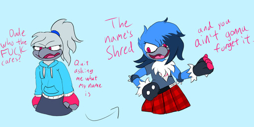 annoyed anthro beak before_and_after belt blue_body blue_feathers bottomwear clothing feathers femboy fluffy fluffy_chest gloves grey_beak grey_body grey_feathers handwear hoodie male off-shoulder_top pink_eyes pleated_skirt skirt solo spikes text topwear cookie-pone sega sonic_the_hedgehog_(series) fan_character shred_the_bluebird avian bird bluebird mountain_bluebird oscine passerine thrush_(bird) english_text trans_(lore) trans_man_(lore)