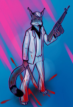 abstract_background anthro ar-15 assault_rifle barefoot biped blood blood_on_clothing blue_eyes bodily_fluids clothed clothing digitigrade feet fully_clothed gun hair holding_gun holding_object holding_ranged_weapon holding_weapon looking_at_viewer m16 machete male melee_weapon ranged_weapon rifle simple_background solo standing stylized suit synthwave three-quarter_view weapon white_hair wolfmagnum hotline_miami felid feline lynx mammal 2015 chromatic_aberration full-length_portrait hi_res portrait