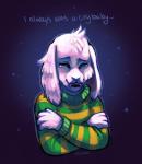 4_fingers abstract_background anthro bodily_fluids clothed clothing crossed_arms crying ears_down eyes_closed fangs fingers front_view fur long_mouth male open_mouth pivoted_ears snout solo tears teeth text whiskers white_body white_fur verlidaine undertale undertale_(series) asriel_dreemurr boss_monster_(undertale) bovid caprine goat mammal 2015 bust_portrait detailed portrait