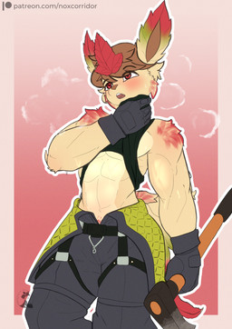 abs anthro axe firefighter male muscular muscular_male solo text skylosminkan nintendo pokemon eeveelution generation_4_pokemon leafeon pokemon_(species) 2025 absurd_res hi_res url