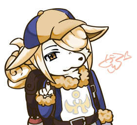 4_fingers alternate_species anthro backpack baseball_cap belt blonde_hair buckle clothed clothed_anthro clothed_male clothing fingerpads fingers fur fur_trim_(clothing) furrification hair hair_over_eye hat headgear headwear male male_anthro pawpads print_clothing simple_background solo white_background white_body white_fur puniwanko nintendo pokemon volo_(pokemon) canid canine fox mammal 2026 digital_media_(artwork) half-length_portrait low_res portrait signature