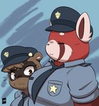 anthro badge blue_background blush bodily_fluids breasts brown_body brown_fur clothing duo emanata female fur humor looking_at_chest male moobs necktie police police_hat police_officer police_uniform red_body red_fur simple_background stripes sweat sweatdrop uniform joaoppereiraus girl_staring_at_man's_chest nippon_3000_police_department goro_kobayashi miyu_hamada ailurid canid canine mammal raccoon_dog red_panda tanuki absurd_res half-length_portrait hi_res meme portrait