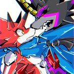 anthro belt black_body black_sclera cape clothing duo glowing glowing_eyes horn male open_mouth red_body scarf sharp_teeth square_crossover teeth yellow_eyes im7yx bandai_namco digimon digimon_ghost_game betelgammamon digimon_(species) gulusgammamon chromatic_aberration