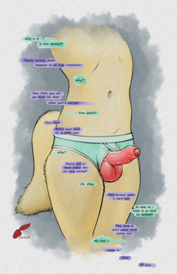 adolescent anthro balls blue_briefs blue_clothing blue_underwear briefs bulge clothed clothing dialogue erection foreskin fur genitals humanoid_genitalia humanoid_penis male navel partially_retracted_foreskin penis penis_poking_out simple_background solo speech_bubble standing tail text topless topless_anthro topless_male underwear underwear_only white_seam_briefs young young_anthro young_male redleveret canid canine mammal absurd_res digital_drawing_(artwork) digital_media_(artwork) english_text hi_res signature