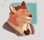 anthro black_necktie black_nose blush blush_lines brown_body brown_ears brown_fur clothed clothed_anthro clothed_male clothing collared_shirt countershading dress_shirt eyebrows eyes_closed fur hair inner_ear_fluff male male_anthro multicolored_body multicolored_fur necktie open_mouth open_smile red_body red_eyebrows red_fur red_hair shirt short_hair simple_background smile solo suspenders teeth three-quarter_view topwear tuft whiskers white_body white_countershading white_fur white_inner_ear theor echo_(series) echo_project the_smoke_room murdoch_byrnes canid canine fox mammal red_fox true_fox bust_portrait colored_sketch digital_media_(artwork) hi_res portrait sketch