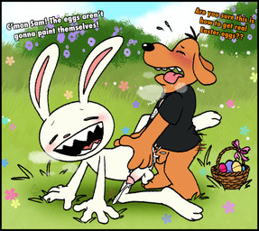age_difference aged_down anal anal_penetration anthro balls basket black_border blush bodily_fluids border bow_ribbon breath clothed clothing container cum cum_inside dialogue duo easter_basket easter_egg egg encouragement erection eyes_closed flower genital_fluids genitals hands_on_ground holding_body holidays humanoid_genitalia humanoid_penis long_ears male male/male male_penetrated male_penetrating male_penetrating_male motion_lines nude open_mouth outside panting penetration penile penis plant plastic_egg raised_clothing raised_leg raised_shirt raised_topwear sex sharp_teeth shirt shrub smile spread_legs spreading standing standing_sex sweat tears tears_of_pleasure teeth text tongue tongue_out topwear young conditional_dnp muffinlewds easter sam_and_max max_(sam_and_max) samuel_dog canid canine canis domestic_dog lagomorph leporid mammal rabbit digital_media_(artwork) english_text hi_res