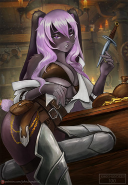 anthro armor bag belt belt_pouch bra clothed clothing coin dagger female fur gold_(metal) gold_coin grey_body grey_fur hair inside long_ears looking_at_viewer melee_weapon pink_hair purple_eyes skimpy solo tavern underwear weapon john_hundred lagomorph leporid mammal rabbit hi_res
