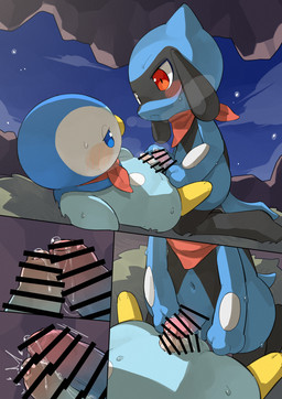 anthro beak biped black_body blue_body blue_eyes blue_tail blush bodily_fluids duo erection foreskin frottage genital_fluids genitals humanoid_genitalia humanoid_penis male male/male multicolored_body navel penile penis penises_touching precum red_eyes sex tail yellow_body young young_anthro young_male bigoyatsu nintendo pokemon pokemon_mystery_dungeon spike_chunsoft generation_4_pokemon piplup pokemon_(species) riolu absurd_res censored comic hi_res