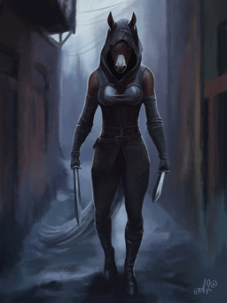 alley anthro armor assassin bodysuit boots clothing dagger dark_alley dual_wielding female footwear gloves handwear holding_object holding_weapon hood hooded hooded_cloak knife looking_at_viewer melee_weapon night shadow shoes skinsuit solo standing tight_clothing urban weapon autumnflame equid equine horse mammal 3:4 absurd_res dark_theme digital_media_(artwork) hi_res painting_(artwork)