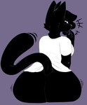 anthro big_butt black_body black_butt black_eyes black_fur black_hair black_tail blush blush_lines bottomless breasts butt butt_focus butt_squish clothed clothing entropy_(artist) felid feline female fur hair hi_res laugh laughing_at_viewer long_tail looking_at_viewer looking_back mammal pink_nose raised_tail shirt short_hair smug smug_face solo squish t-shirt tail tail_motion topwear white_clothing white_shirt white_topwear wiggling_hips