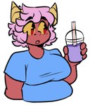 2_horns 4_fingers beverage big_breasts black_eyebrows blue_clothing blue_shirt blue_t-shirt blue_topwear breasts clothing drinking_straw eyebrow_through_hair eyebrows female fingers front_view hair holding_smoothie horn pink_hair red_body red_eyes red_skin shirt simple_background slightly_chubby slightly_chubby_female slightly_chubby_humanoid smoothie solo t-shirt tan_horn topwear translucent translucent_hair white_background pedrodesenhador asian_mythology east_asian_mythology grimace_shake japanese_mythology mcdonald's mythology lala_(pedrodesenhador) demon demon_humanoid horned_humanoid humanoid oni yokai 2023 flat_colors half-length_portrait meme portrait portuguese_description