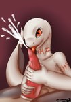 2019 5_fingers albino anthro arm_markings artist_logo balls big_penis big_tail biped bodily_fluids brown_body crusch_lulu cum cumshot cute_fangs digital_media_(artwork) digital_painting_(artwork) duo ejaculation entwined_tails erection eyelashes fellatio female female_focus fingers genital_fluids genitals handjob humanoid_hands licking light lighting lizard lizardman lizardman_(overlord) logo long_neck long_tail looking_at_another looking_at_partner male male/female markings neck_markings nude oral overlord_(series) penile penis penis_lick pink_markings poherist red_background red_eyes red_penis red_tongue reptile scalie sex shaded simple_background smile soft_shading solo_focus tail tail_coil tapering_penis thick_tail tongue tongue_out tribal tribal_markings vein veiny_penis white_body