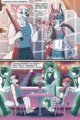 anthro athletic_wear bottomwear breasts chair clothing dialogue dinner female footwear fur furniture group hair holodeck hologram khopesh male male/female melee_weapon pyramid restaurant shirt shoes shorts sneakers speech_bubble sword tank_top text topwear waiter weapon heresy_(artist) lancer:_the_knights_of_fenris jake_marshall mika_fadeneir canid canine canis domestic_cat domestic_dog felid feline felis lynx mammal tuxedo_cat english_text hi_res sketch