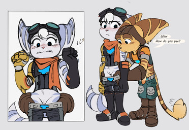 annoyed anthro assisted_exposure balls big_ears blue_markings blush blush_lines boots bottomwear bottomwear_down bottomwear_pull brown_markings clothed clothing clothing_pull cybernetic_arm cybernetic_limb dialogue duo ear_piercing ear_ring exclamation_point exposed eyewear eyewear_on_head female flaccid footwear fur genital_exploration genitals glans gloves goggles goggles_on_head handwear headgear humanoid_genitalia humanoid_penis humanoid_vulva innie_vulva looking_at_another looking_at_genitalia looking_at_vulva male markings pants pants_down pants_pull pantsing partial_speech_bubble partially_clothed penis piercing prosthetic prosthetic_arm prosthetic_limb question_mark ring_piercing robotic_arm scarf shoes simple_background snout speech_bubble standing striped_markings striped_tail stripes tail tail_markings tail_tuft text topwear tuft vulva white_body white_fur yellow_body yellow_fur time_fluffy500 ratchet_and_clank sony_corporation sony_interactive_entertainment ratchet_(ratchet_and_clank) rivet_(ratchet_and_clank) lombax mammal digital_media_(artwork) english_text hi_res