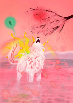 cherry_blossom eyes_closed feral flower howl light male open_mouth pink_flower plant prunus_(flower) solo sun sunlight tongue hopemillts capcom clover_studio okami_(capcom) amaterasu_(okami) canid canine canis mammal wolf 2023 digital_media_(artwork) hi_res