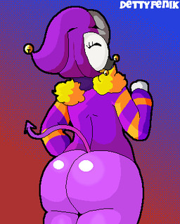 anthro arm_tuft biped butt clothing fool's_hat glistening glistening_butt gradient_background happy hat headgear headwear male not_furry nude purple_body rear_view rope shaking_butt shoulder_tuft simple_background solo spade_tail standing striped_arms tail tail_aside three-quarter_view tuft dettyfenik imp animated animated_gif digital_media_(artwork) low_res portrait restricted_palette short_playtime three-quarter_portrait