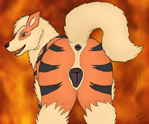 animal_genitalia animal_vulva anus brown_eyes butt canine_genitalia canine_vulva female feral fire fire_background fluffy fluffy_tail fur genitals looking_back markings open_mouth orange_body orange_fur presenting presenting_hindquarters raised_tail solo striped_markings stripes tail teeth_showing tongue vulva maklykan nintendo pokemon arcanine canid canine generation_1_pokemon mammal pokemon_(species) hi_res