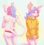 anthro blue_hair bottomless butt claws clothed clothing facial_tuft female finger_claws fur hair heterochromia hoodie long_hair panties pink_hair simple_background split_color_hair tail text topless topwear tuft underwear white_body white_fur twomornings kyt_(twomornings) mammal mouse murid murine rodent artist_name hi_res