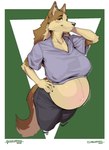 anthro belly big_belly big_breasts bottomwear breasts brown_body brown_fur brown_tail clothed clothing female fur green_eyes hair hand_on_hip hand_on_own_hip long_hair midriff pants pregnant pregnant_anthro pregnant_female shirt solo standing tail tan_body tan_fur tan_tail teeth topwear greasymojo roxanne_(greasymojo) canid canine mammal 2025 hi_res portrait signature three-quarter_portrait