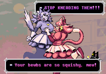 angry animal_ears big_breasts breast_fondling breast_play breasts clothed clothed_female clothing dress duo female female/female fondling footwear fully_clothed fully_clothed_female ghost_tail gloves group hair hand_on_breast handwear inner_ear_fluff pink_clothing pink_hair purple_clothing purple_hair shoes tail text text_box trio tuft isokilo friend_(deltarune) irritable_ghost_(deltarune) pink_(deltarune) animal_humanoid cat_humanoid felid felid_humanoid feline feline_humanoid ghost humanoid mammal mammal_humanoid spirit 2026 digital_media_(artwork) english_text hi_res pixel_(artwork)