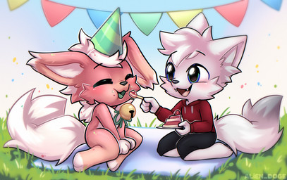 anthro birthday cake chibi clothing dessert duo food fur hat headgear headwear male open_mouth party_hat tail teeth white_body white_fur white_tail alien_doge canid canine fox mammal hi_res