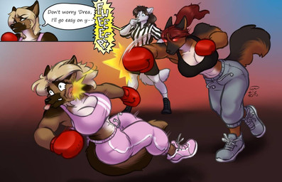 anthro black_body black_bottomwear black_bra black_clothing black_fur black_shorts black_sports_bra black_underwear blonde_hair bottomwear boxing_gloves bra breasts brown_body brown_fur brown_hair cleavage clothed clothed_anthro clothed_female clothing dialogue female footwear fur glowing glowing_eyes grey_body grey_fur group hair handwear jogging_pants multicolored_body multicolored_fur pattern_clothing pattern_shirt pattern_topwear pink_bra pink_clothing pink_sports_bra pink_underwear punch red_eyes red_hair referee shirt shoes shorts speech_bubble sports_bra striped_clothing striped_shirt striped_topwear stripes text tongue tongue_out topwear trio two_tone_body two_tone_fur underwear hanazawa andrea_rayne dora_schutzhund heaven_(fireorca) canid canine canis domestic_dog german_shepherd herding_dog mammal pastoral_dog wolf english_text