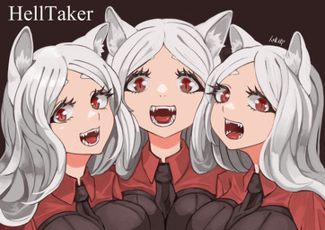 big_breasts black_clothing black_topwear breasts clothed clothing collared_shirt dress_shirt eyelashes fangs female fully_clothed glistening glistening_eyes group hair inner_ear_fluff light_body light_skin long_hair looking_at_viewer monotone_hair necktie open_mouth open_smile pupils red_clothing red_eyes red_shirt red_topwear sharp_teeth shirt simple_background slit_pupils smile teeth text tongue topwear tuft white_hair hitokuirou helltaker cerberus_(helltaker) animal_humanoid canid canid_humanoid canine canine_humanoid humanoid mammal mammal_humanoid wolf_humanoid bust_portrait english_text hi_res portrait
