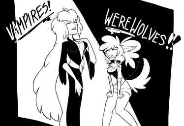 angry anthro breasts cleavage clothed clothing dialogue dress duo eyes_closed female fully_clothed fur hair long_hair open_mouth short_snout text prismaticdragee ghoul_school hanna-barbera mythology scooby-doo_(series) sibella_dracula winnie_werewolf_(ghoul_school) canid canine mammal mythological_canine mythological_creature vampire werecanid werecanine werecreature werewolf absurd_res black_and_white english_text hi_res monochrome
