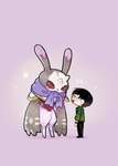 anthro black_hair brown_body brown_fur chibi duo eyewear fur glasses hair long_ears male lanllan bandai_namco digimon digimon_survive shuuji_kayama antylamon digimon_(species) human lagomorph leporid mammal rabbit