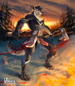 action_pose anthro axe battle battle_axe blood bodily_fluids clipped_ear fighting_pose male melee_weapon muscular muscular_male pose snow solo weapon vixvixart osiris_callisto canid canine canis mammal werecreature wolf absurd_res hi_res