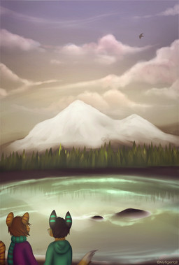anthro clothing cloud duo hoodie male mountain outside scarf sky topwear water mytigertail gabe_(mytigertail) avian bird canid canine felid fox mammal pantherine tiger 2015 hi_res signature