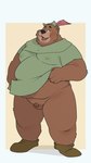 anthro balls belly big_belly black_nose blush brown_body buried_penis clothing genitals hat headgear headwear humanoid_genitalia humanoid_penis kemono male micropenis moobs overweight overweight_male penis simple_background small_penis solo qqmelon888 disney robin_hood_(disney) little_john bear mammal 2024 9:16 hi_res