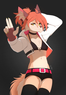 5_fingers anthro belt belt_buckle black_bottomwear black_bra black_clothing black_hotpants black_shorts black_sports_bra black_underwear bottomwear bra breasts buckle chest_tuft claws clothing colored_nails ear_piercing ear_tuft ears_up female fingers frown frowning_at_viewer green_claws green_nails hair holding_out_hand hotpants jacket looking_at_viewer nails narrowed_eyes navel piercing pink_belt pupils red_hair red_pupils red_tail shorts solo sports_bra standing tail topwear tuft underwear white_clothing white_jacket white_topwear rednroge kiri_igness canid canine fox mammal hi_res