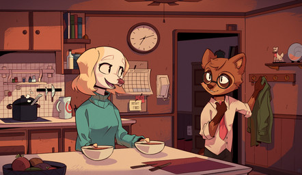 accessory book bookshelf bottle bowl brown_body brown_fur clock clothing container detailed_background electronics eyewear female floppy_ears food fruit fur furniture glasses inside kitchen kitchen_utensils knife male necktie open_mouth paper phone plant shirt smile sweater tools topwear yellow_body yellow_fur kaleido-art aggretsuko sanrio inui_(aggretsuko) canid canine canis domestic_dog mammal raccoon_dog 2021 absurd_res hi_res