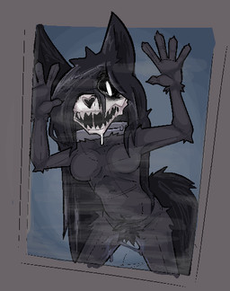 against_surface anthro black_hair black_sclera bone breasts breasts_on_glass crotch_tuft featureless_breasts female front_view fur grey_body grey_fur hair hair_over_eye long_hair looking_at_viewer on_glass open_mouth sharp_teeth skull skull_head solo teeth tuft white_eyes breakcoreyuri scp_foundation scp-1471-a canid canid_demon demon malo mammal skull_dog skulldog_(species)