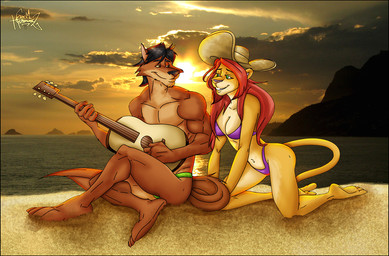 4_toes 5_fingers acoustic_guitar anthro athletic athletic_anthro athletic_male barefoot beach bikini black_hair black_nose breasts brown_body brown_fur cleavage clothed clothing duo eye_contact feet female fingers fur green_clothing green_speedo green_swimwear guitar hair hat headgear headwear hindpaw humanoid_hands kneeling long_hair looking_at_another male male/female musical_instrument paws photo_background pink_nose playing_guitar playing_music plucked_string_instrument purple_bikini purple_clothing purple_swimwear red_hair romantic romantic_ambiance romantic_couple seaside short_hair sitting smile speedo string_instrument sun_hat swimwear tan_body tan_fur toes topless topless_male two-piece_swimsuit talbaineric sonichomeboy_(copyright) eddie_santiago lucy_martinez canid canine canis felid lion mammal pantherine wolf 2011 digital_media_(artwork) photography_(artwork) signature