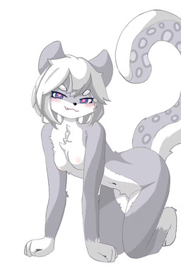 blue_eyes breasts female hair kemono nipples nude simple_background solo tail white_hair unknown_artist yunuo_(character) felid humanoid leopard mammal pantherine hi_res
