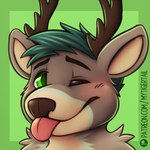 anthro countershading green_background green_eyes male one_eye_closed patreon_logo simple_background solo text tongue tongue_out wink mytigertail patreon zone_system deer mammal 1:1 2019 url