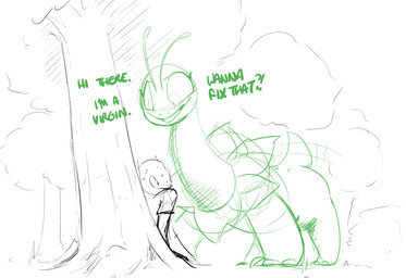 antennae_(anatomy) bodily_fluids clothing duo eyelashes female feral feral_temptation forest grin imminent_rape imminent_sex interspecies plant pokephilia quadruped shirt size_difference smile sweat text topwear tree shoutingisfun nintendo pokemon anon dinosaur elemental_creature flora_fauna generation_2_pokemon human mammal meganium pokemon_(species) prehistoric_species reptile scalie english_text sketch