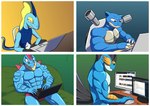 anthro blastoise blue_body buff_guys_help_out_nerdy_kid chair clothed clothing comic_panel computer crocodilian desk digital_media_(artwork) electronics feraligatr furniture generation_1_pokemon generation_2_pokemon generation_3_pokemon generation_8_pokemon group hi_res inteleon laptop male meme metrosaurus muscular muscular_male nintendo pokemon pokemon_(species) reptile scalie shoulder_cannon simple_background sitting smile swampert table typing underwear