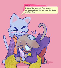 ambiguous_gender anthro blue_eyes blush bodily_fluids brown_body brown_fur cat_tail clothed clothing dialogue dialogue_box duo erection fellatio fully_clothed fur genitals grey_body grey_fur hand_on_head licking male name_in_dialogue open_mouth oral oral_only orange_eyes penile penis penis_lick penis_through_clothing pink_background profanity saliva saliva_on_penis sex simple_background simple_coloring speech_bubble text tongue unzipped zipper globglump garry's_mod jazztronauts cellist_(jazztronauts) singer_(jazztronauts) felid feline mammal english_text hi_res shaded simple_shading