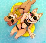 anthro bikini bikini_bottom breasts candy clothed clothing collar crop_top dessert duo eyewear female floating_on_water food lollipop shirt sunglasses swim_ring swimwear thick_thighs topwear two-piece_swimsuit water dxxk sega sonic_the_hedgehog_(series) fan_character inku_the_shiba_inu canid canine canis domestic_dog mammal shiba_inu spitz hi_res