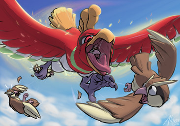 3_toes 4_toes abdominal_bulge ambiguous_feral ambiguous_gender ambiguous_pred ambiguous_prey anisodactyl beak bodily_fluids brown_body brown_feathers cloud day detailed_background embers feathered_crest feathers feet feet_first feral feral_pred feral_prey fleeing flying gaping_mouth glowing green_body green_feathers group head_crest holding_another in_throat larger_pred looking_at_another looking_back looking_back_at_another loose_feather motion_lines multiple_prey neck_bulge open_mouth oral_vore outside reaching_towards_another red_body red_eyes red_feathers saliva saliva_string size_difference sky skyscape spread_wings tail tail_feathers tan_body tan_feathers text toes tongue unwilling_prey vore white_body white_feathers wings akins nintendo pokemon avian bird generation_1_pokemon generation_2_pokemon ho-oh legendary_pokemon pidgey pokemon_(species) 2026 absurd_res artist_name cel_shading dated digital_drawing_(artwork) digital_media_(artwork) hi_res shaded smaller_version_at_source