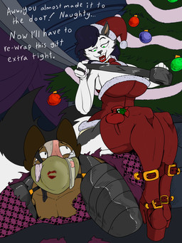 anthro bdsm bitchsuit bondage bondage_gear bound brown_body christmas_clothing clothing duo female gag gagged gift_wrapped holidays male male/female multicolored_body pantyhood roxxane_drider sitting_on_another submissive submissive_male tape text abeybubble christmas abey_(abeybubble) bat canid canine canis mammal wolf 3:4 absurd_res english_text hi_res