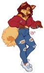 anthro big_tail bottomwear brown_body brown_ears brown_eyebrows brown_fur brown_hair brown_nose brown_tail cheek_tuft clothed clothing collar denim denim_bottomwear denim_clothing ear_piercing ear_ring eyebrows facial_piercing facial_tuft female fluffy fluffy_tail footwear forearms fur gesture green_eyes hair half-closed_eyes high_waisted_bottomwear inner_ear_fluff jacket jeans looking_at_viewer multicolored_body multicolored_ears multicolored_fur narrowed_eyes nose_piercing nose_ring pants piercing pose raised_arm raised_arms raised_forearm raised_leg ring_piercing shoes smile sneakers solo tail tan_body tan_ears tan_fur tan_tail topwear torn_bottomwear torn_clothing torn_jeans torn_pants tuft two_tone_body two_tone_ears two_tone_fur kaitycuddle canid canine canis domestic_dog mammal 2019 colored digital_media_(artwork) signature