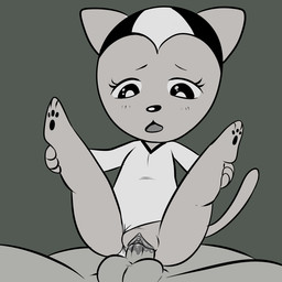 anthro balls blush blush_lines clitoris clothing clothing_aside duo female female_penetrated genitals legs_up looking_down male male/female male_penetrating male_penetrating_female open_mouth pawpads penetration penile penile_penetration penis penis_in_vagina sex tongue vaginal vaginal_penetration vulva young lonbluewolf tamala_2010:_a_punk_cat_in_space tamala domestic_cat felid feline felis mammal 1:1 greyscale monochrome source_request