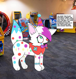 ambiguous_gender arcade bow_tie clown clown_makeup clown_nose dialogue ear_piercing feral fur mascot multiple_piercings offscreen_character open_mouth photo_background piercing scar solo speech_bubble tail talking_feral talking_to_another text ratboyheart_(artist) chuck_e._cheese's_pizzeria nintendo pokemon charles_entertainment_cheese fan_character spot_(ratboyheart) eevee generation_1_pokemon pokemon_(species) digital_media_(artwork) english_text hi_res photography_(artwork) nonbinary_(lore)