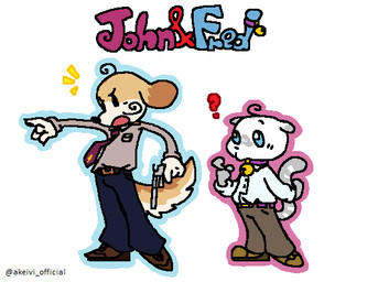 anthro bell bell_collar belt belt_buckle biped black_nose black_outline blue_eyes blue_text blush bow_tie brown_body brown_fur brown_markings buckle clothed clothing collar dipstick_ears duo ear_markings facial_hair floppy_ears fully_clothed fur gesture glistening glistening_eyes grey_markings gun hair hand_gesture handgun handlebar_mustache holding_gun holding_handgun holding_object holding_ranged_weapon holding_revolver holding_weapon lop_ears male markings monotone_background multicolored_body multicolored_ears multicolored_fur mustache oblivious outline pointing question_mark ranged_weapon red_bow_tie red_text revolver serious_face simple_background snout spread_legs spreading standing striped_markings striped_tail stripes tail tail_markings tan_body tan_fur text topwear weapon white_background white_body white_fur white_hands akeivi fred_(akeivi) john_(akeivi) canid canine canis domestic_cat domestic_dog felid feline felis mammal character_name digital_media_(artwork)